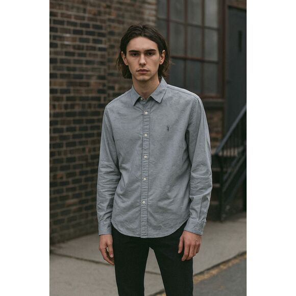 ALLSAINTS Blue Slim Fit Long Sleeve Button Up Shirt Top   Mens Size Large - Picture 1 of 10